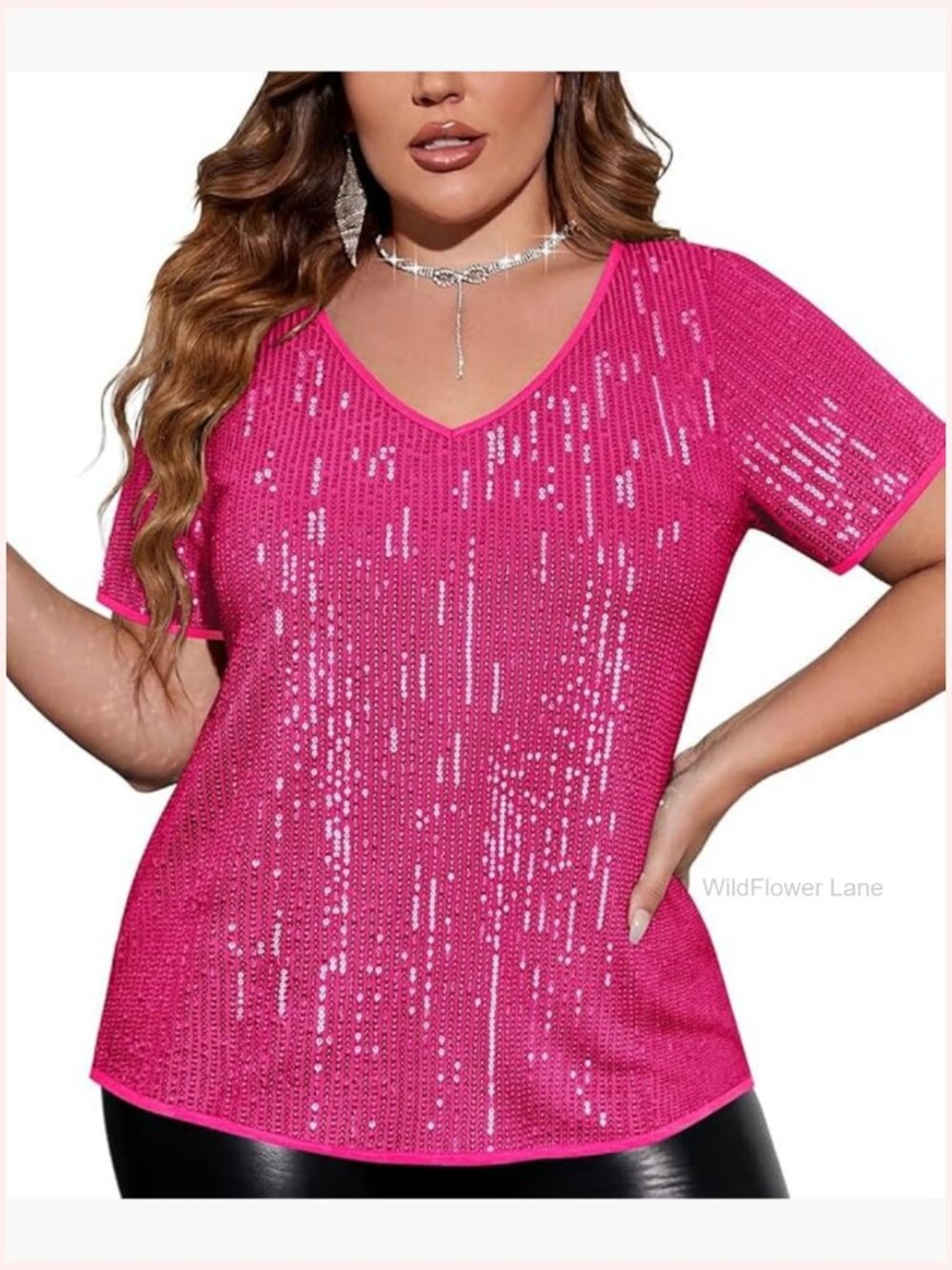 Plus Size Sequin Top Short Sleeve V-Neck Party Sparkly Tunic